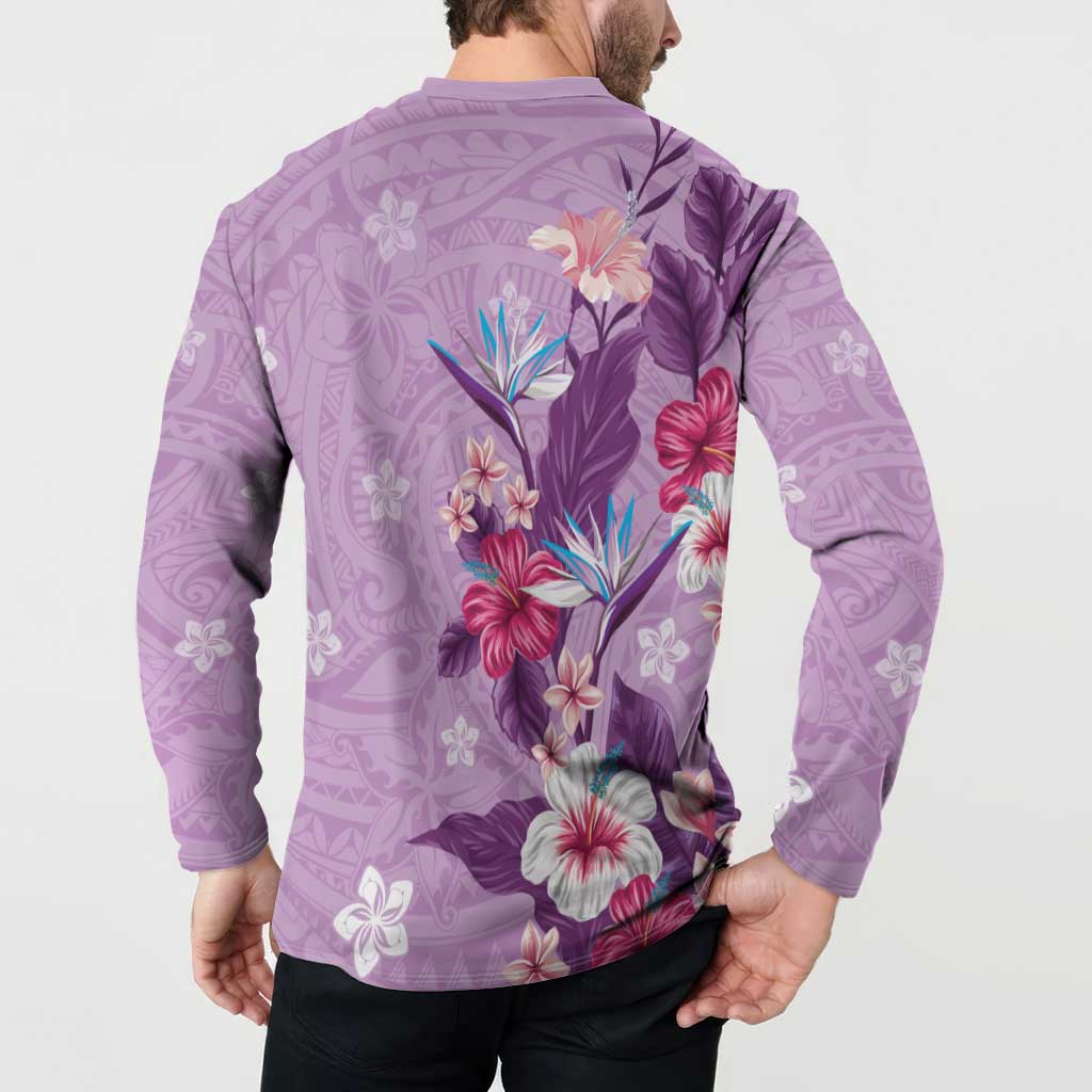 Hawaii Tropical Flowers Button Sweatshirt Polynesian Tattoo Lavender