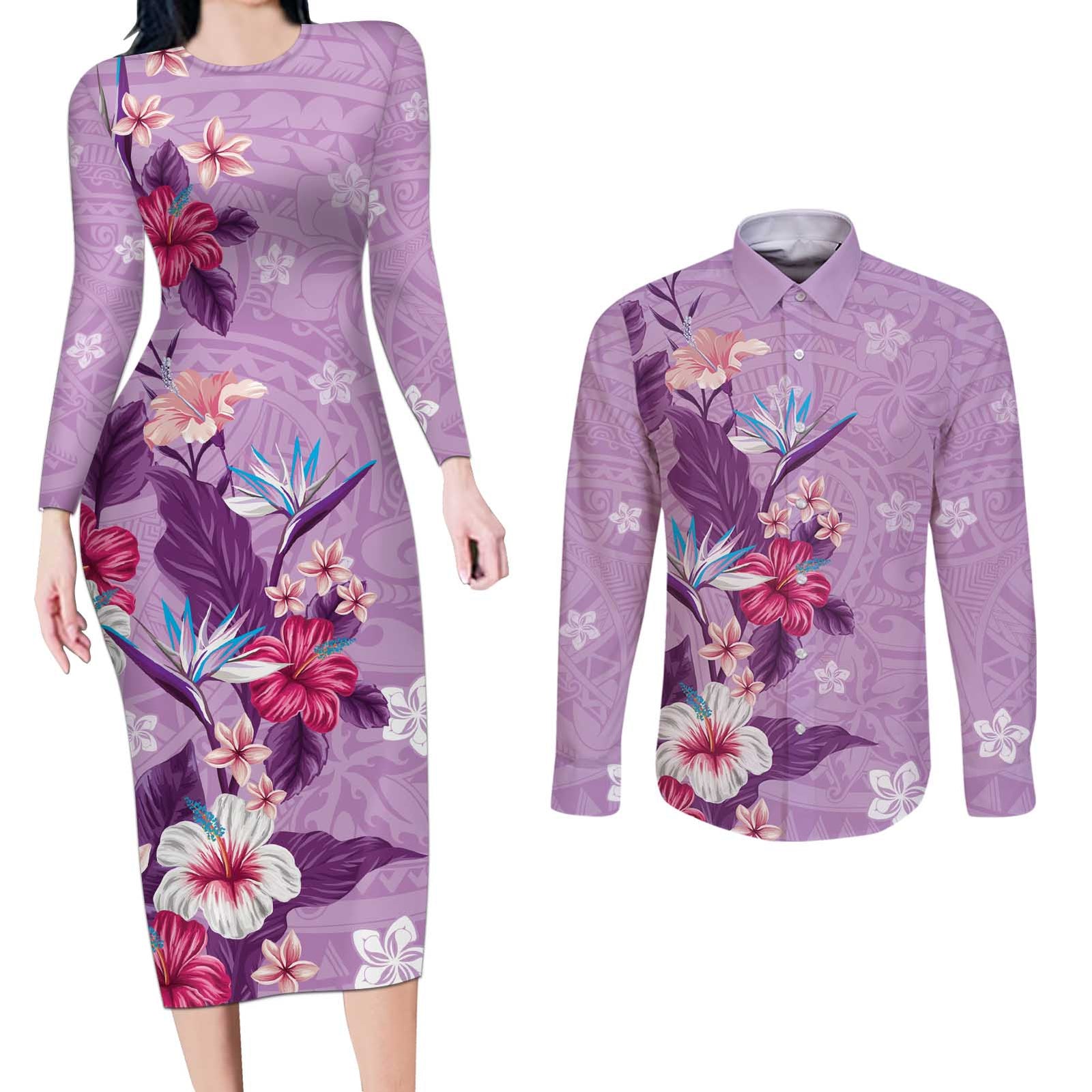 Hawaii Tropical Flowers Couples Matching Long Sleeve Bodycon Dress and Long Sleeve Button Shirt Polynesian Tattoo Lavender LT05 Lavender - Polynesian Pride