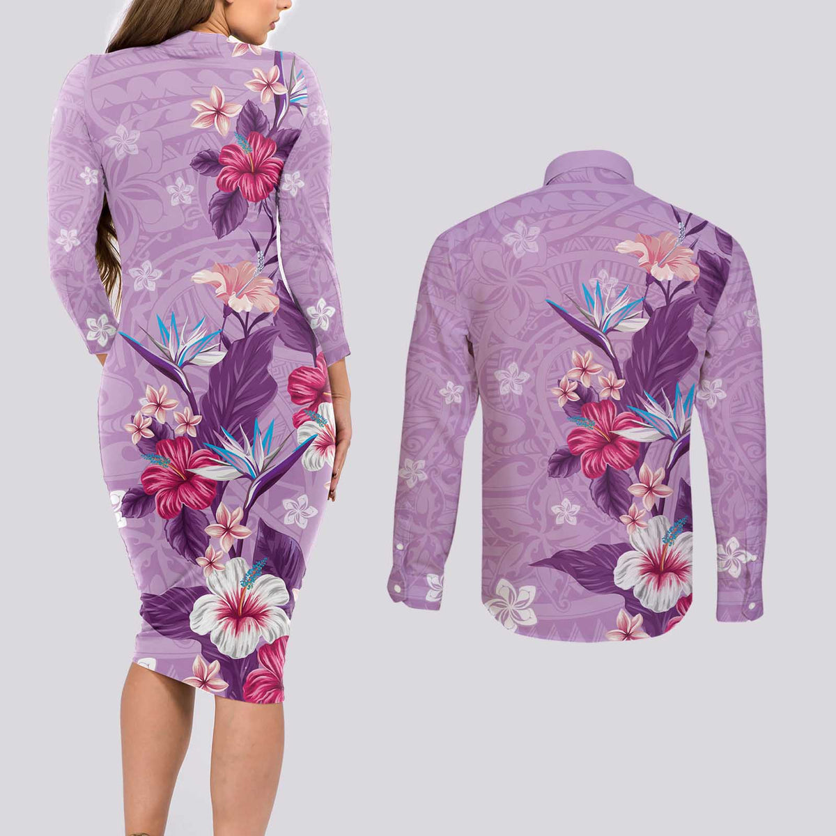 Hawaii Tropical Flowers Couples Matching Long Sleeve Bodycon Dress and Long Sleeve Button Shirt Polynesian Tattoo Lavender