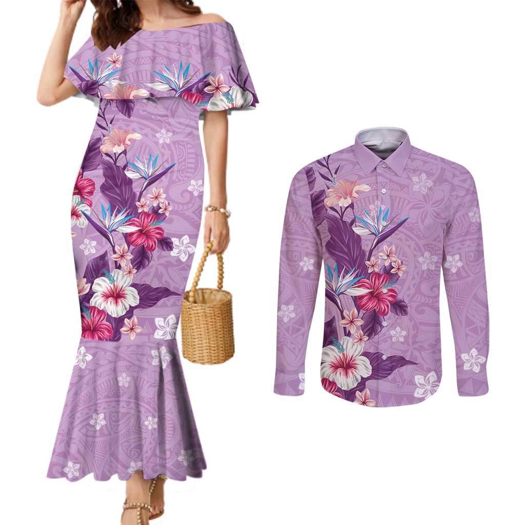 Hawaii Tropical Flowers Couples Matching Mermaid Dress and Long Sleeve Button Shirt Polynesian Tattoo Lavender LT05 Lavender - Polynesian Pride
