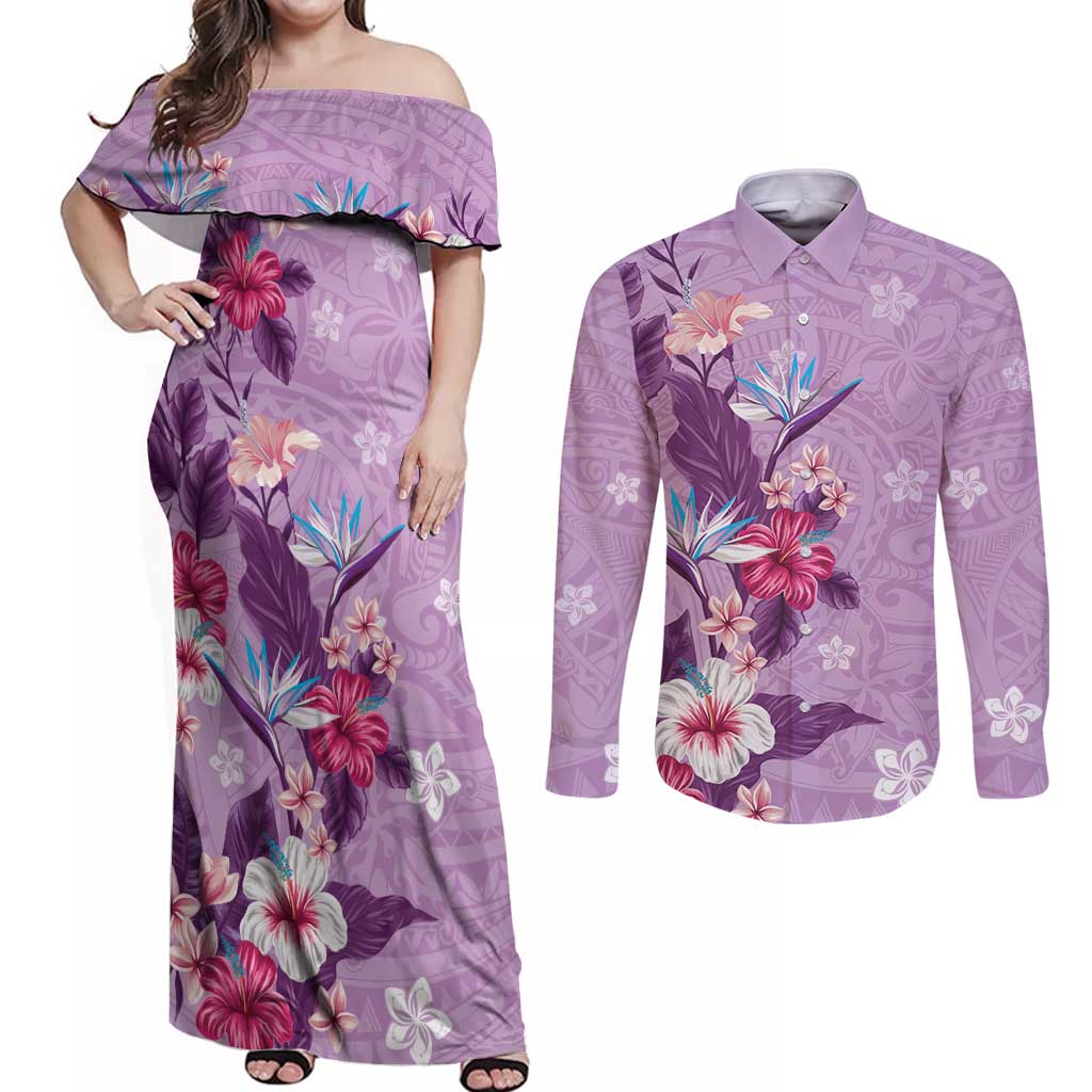 Hawaii Tropical Flowers Couples Matching Off Shoulder Maxi Dress and Long Sleeve Button Shirt Polynesian Tattoo Lavender LT05 Lavender - Polynesian Pride