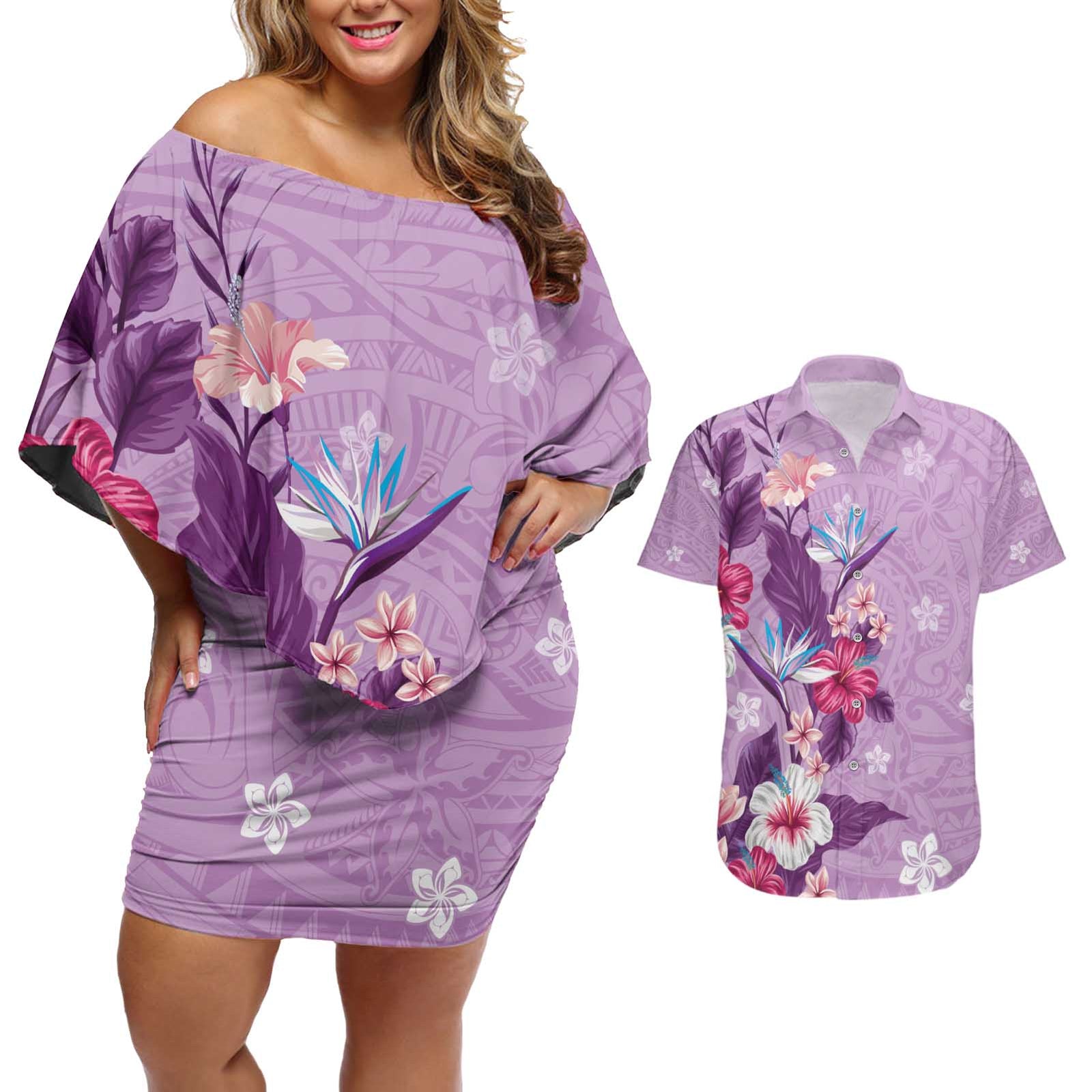 Hawaii Tropical Flowers Couples Matching Off Shoulder Short Dress and Hawaiian Shirt Polynesian Tattoo Lavender LT05 Lavender - Polynesian Pride