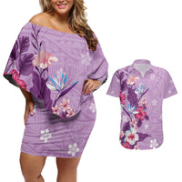 Hawaii Tropical Flowers Couples Matching Off Shoulder Short Dress and Hawaiian Shirt Polynesian Tattoo Lavender