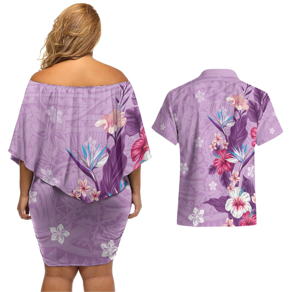 Hawaii Tropical Flowers Couples Matching Off Shoulder Short Dress and Hawaiian Shirt Polynesian Tattoo Lavender