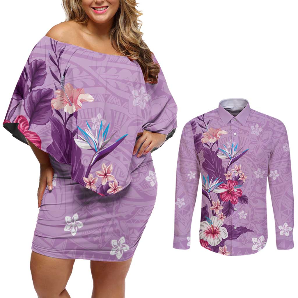 Hawaii Tropical Flowers Couples Matching Off Shoulder Short Dress and Long Sleeve Button Shirt Polynesian Tattoo Lavender LT05 Lavender - Polynesian Pride