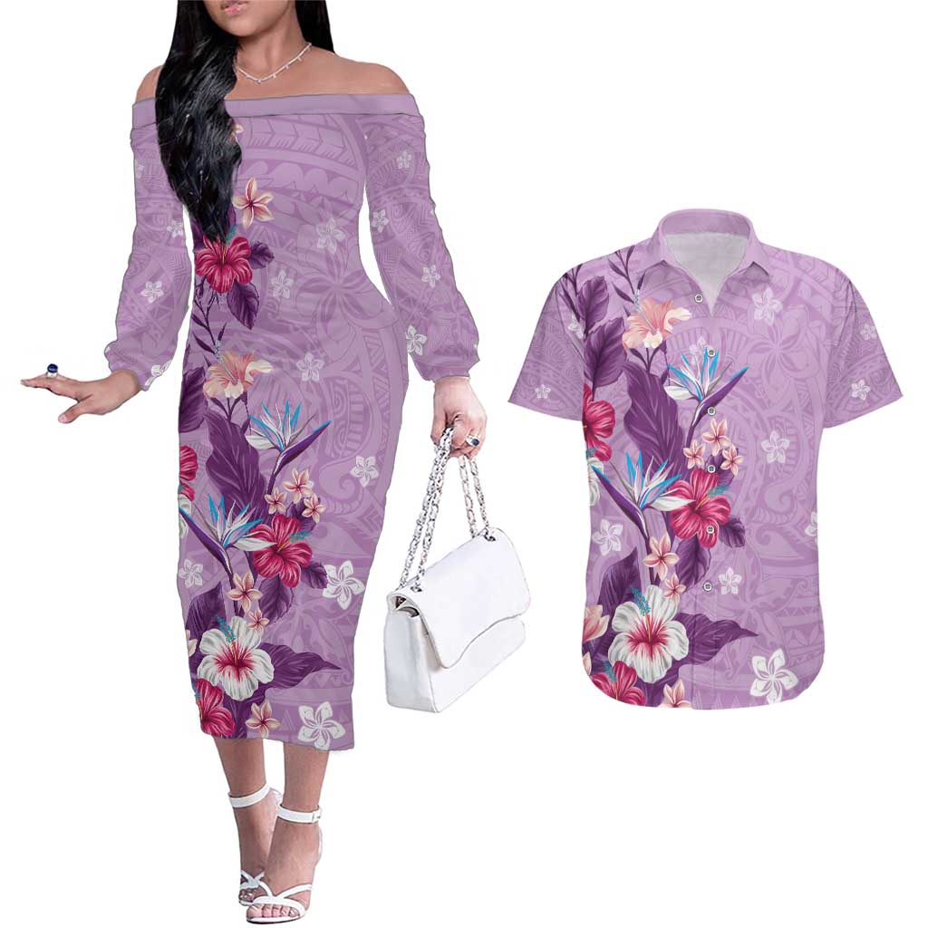 Hawaii Tropical Flowers Couples Matching Off The Shoulder Long Sleeve Dress and Hawaiian Shirt Polynesian Tattoo Lavender LT05 Lavender - Polynesian Pride