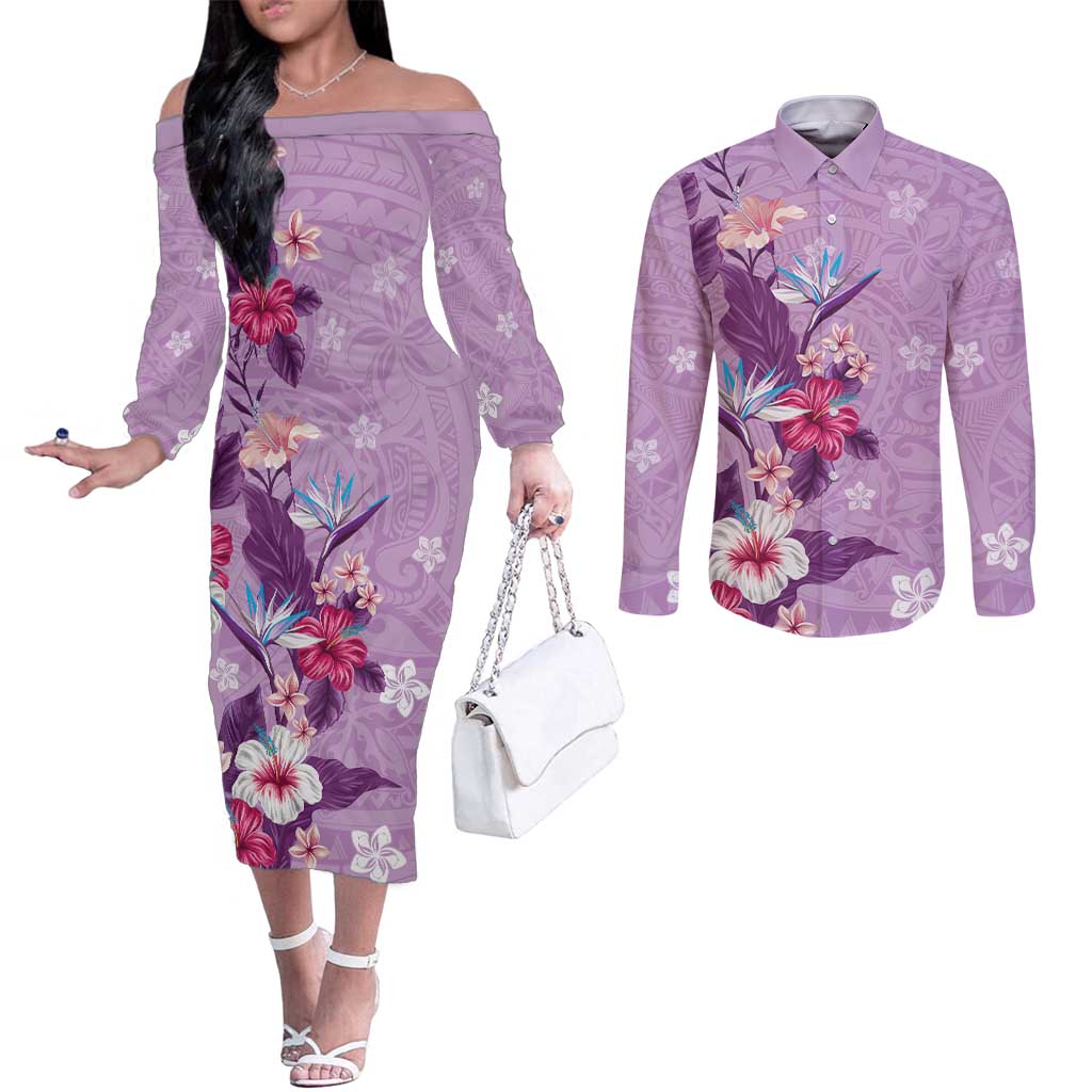 Hawaii Tropical Flowers Couples Matching Off The Shoulder Long Sleeve Dress and Long Sleeve Button Shirt Polynesian Tattoo Lavender LT05 Lavender - Polynesian Pride