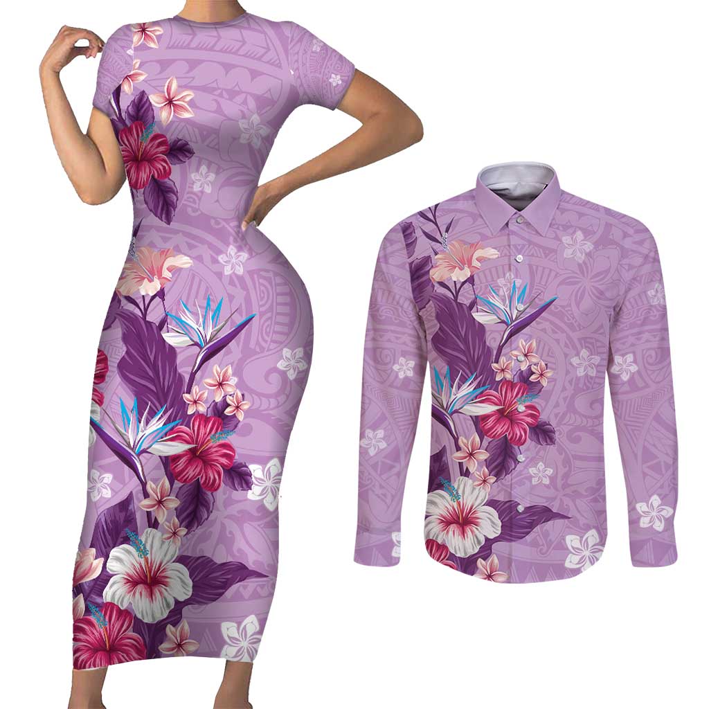 Hawaii Tropical Flowers Couples Matching Short Sleeve Bodycon Dress and Long Sleeve Button Shirt Polynesian Tattoo Lavender LT05 Lavender - Polynesian Pride