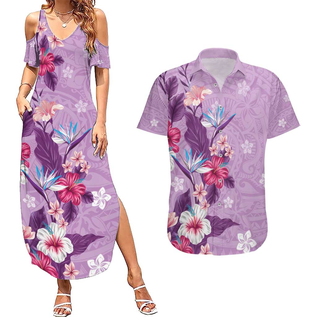 Hawaii Tropical Flowers Couples Matching Summer Maxi Dress and Hawaiian Shirt Polynesian Tattoo Lavender LT05 Lavender - Polynesian Pride