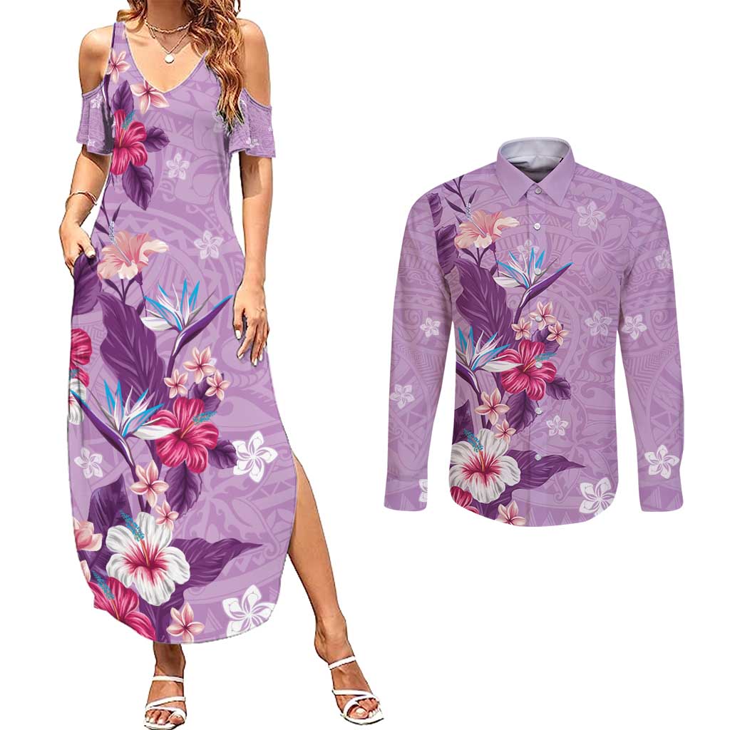 Hawaii Tropical Flowers Couples Matching Summer Maxi Dress and Long Sleeve Button Shirt Polynesian Tattoo Lavender LT05 Lavender - Polynesian Pride