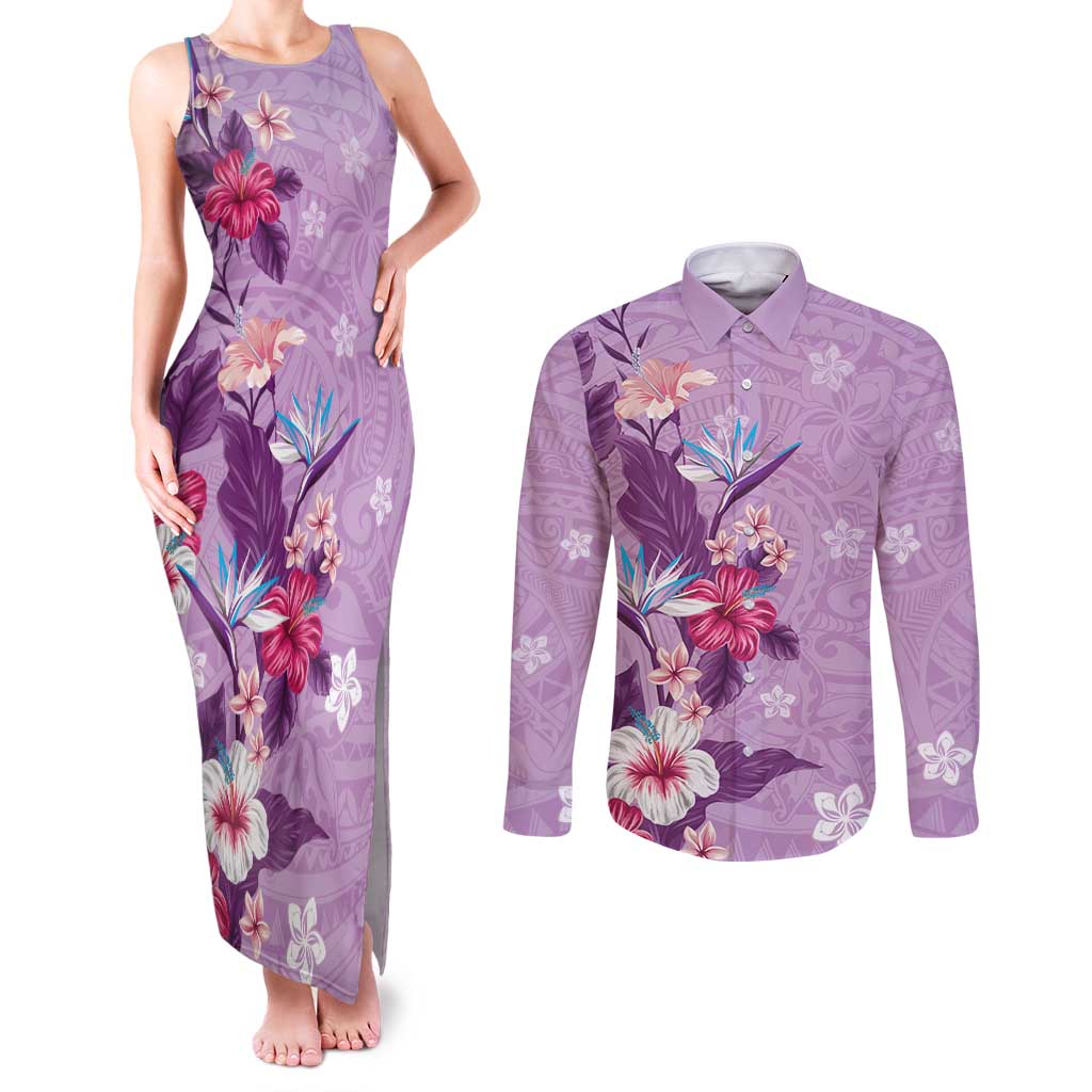 Hawaii Tropical Flowers Couples Matching Tank Maxi Dress and Long Sleeve Button Shirt Polynesian Tattoo Lavender LT05 Lavender - Polynesian Pride