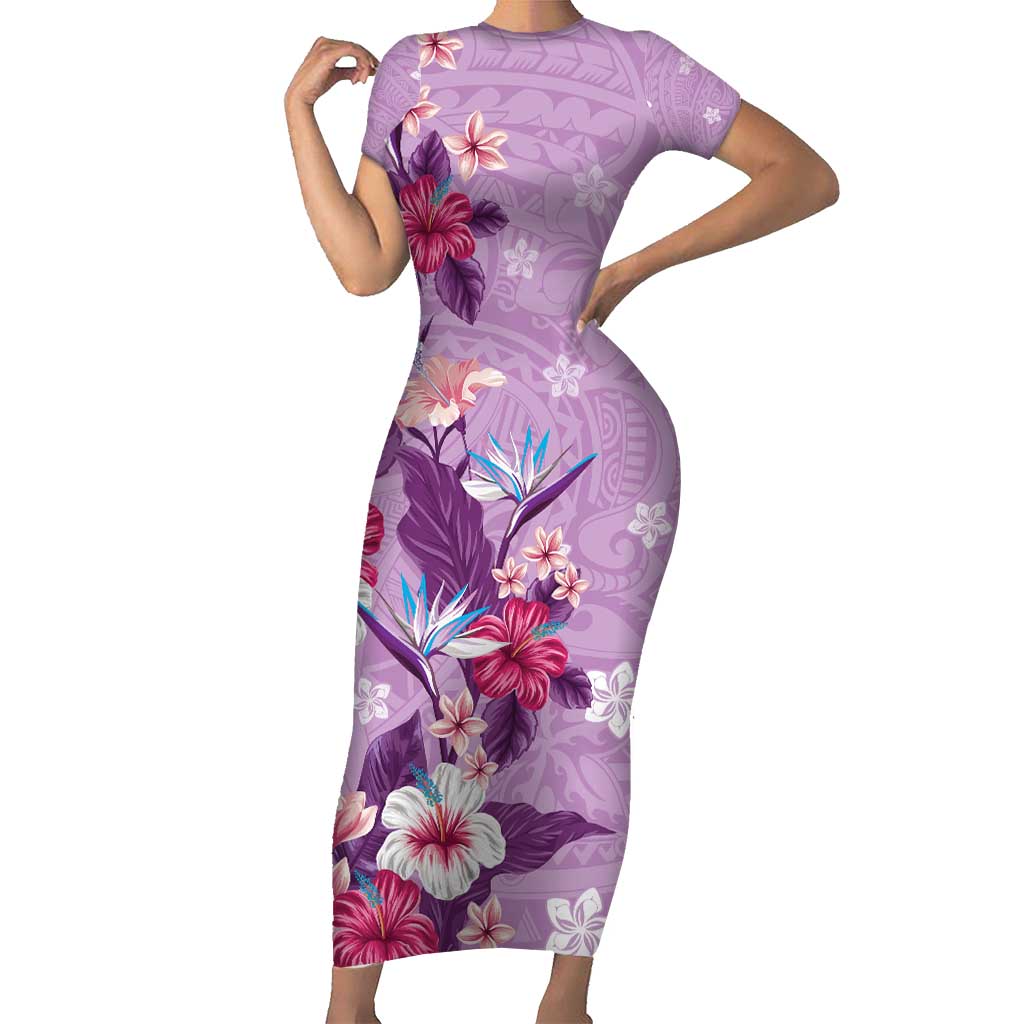 Hawaii Tropical Flowers Family Matching Short Sleeve Bodycon Dress and Hawaiian Shirt Polynesian Tattoo Lavender