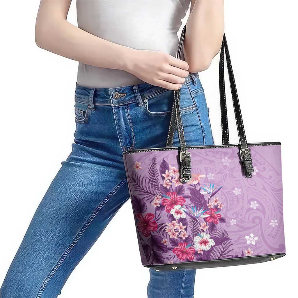 Hawaii Tropical Flowers Leather Tote Bag Polynesian Tattoo Lavender