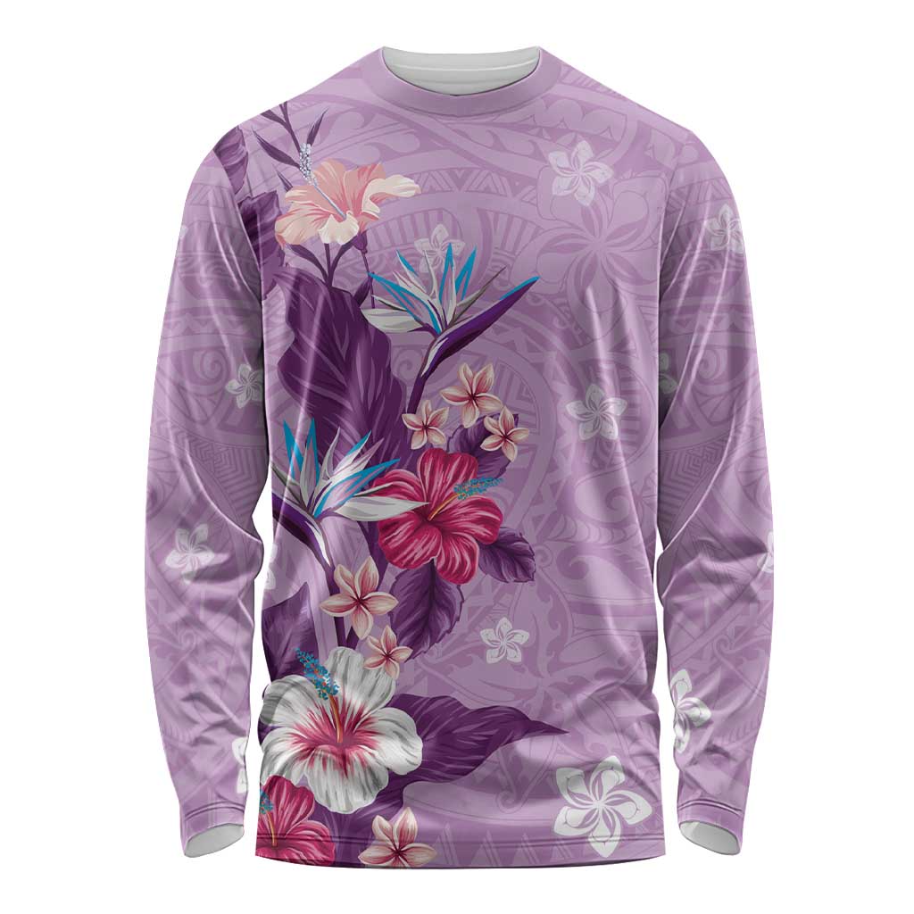 Hawaii Tropical Flowers Long Sleeve Shirt Polynesian Tattoo Lavender LT05 Unisex Lavender - Polynesian Pride