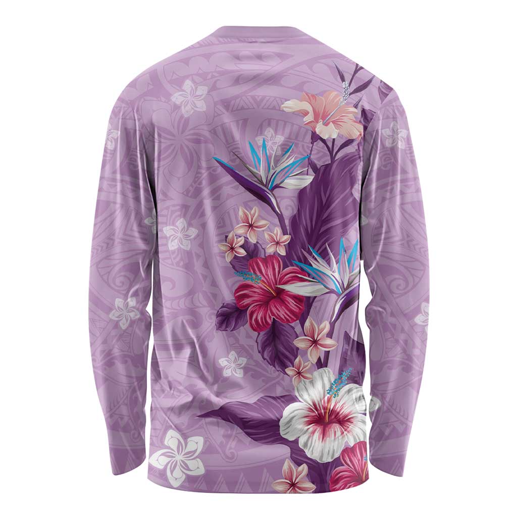 Hawaii Tropical Flowers Long Sleeve Shirt Polynesian Tattoo Lavender