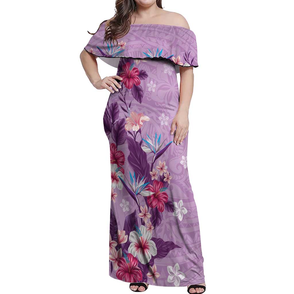 Hawaii Tropical Flowers Off Shoulder Maxi Dress Polynesian Tattoo Lavender