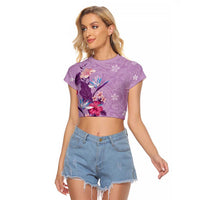 Hawaii Tropical Flowers Raglan Cropped T Shirt Polynesian Tattoo Lavender