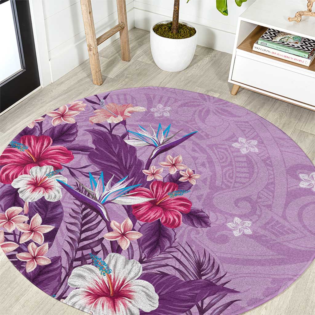 Hawaii Tropical Flowers Round Carpet Polynesian Tattoo Lavender LT05 Lavender - Polynesian Pride