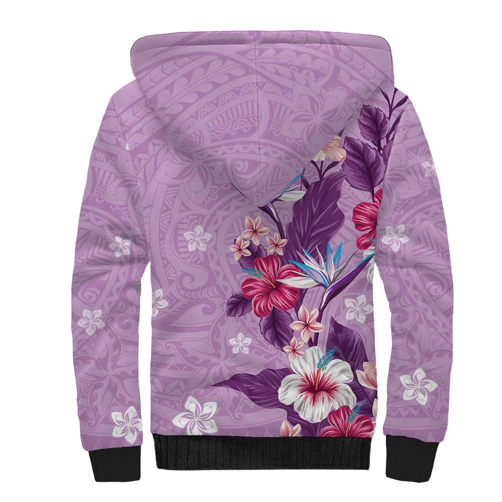 Hawaii Tropical Flowers Sherpa Hoodie Polynesian Tattoo Lavender