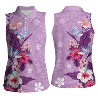 Hawaii Tropical Flowers Women Sleeveless Polo Shirt Polynesian Tattoo Lavender