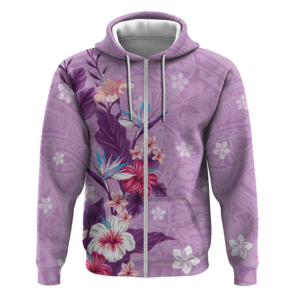 Hawaii Tropical Flowers Zip Hoodie Polynesian Tattoo Lavender LT05 Zip Hoodie Lavender - Polynesian Pride