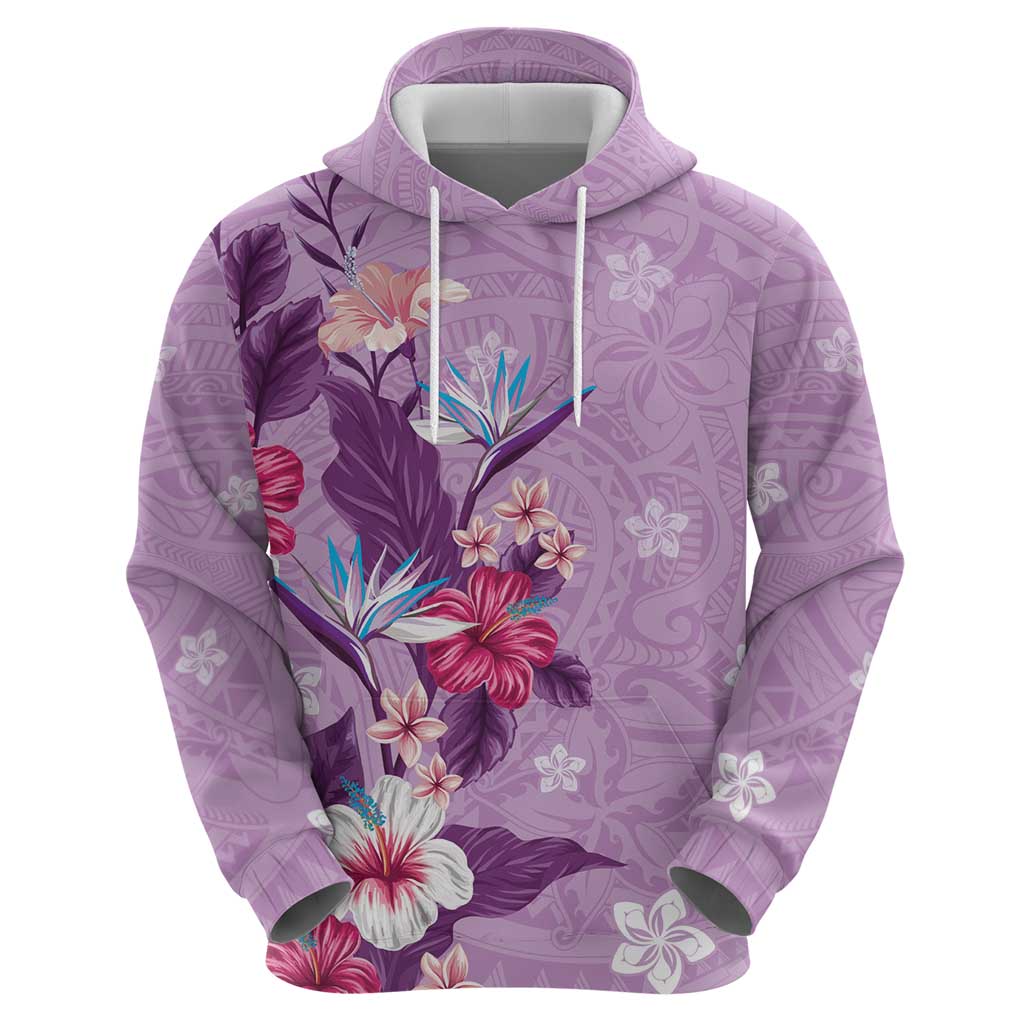 Hawaii Tropical Flowers Zip Hoodie Polynesian Tattoo Lavender