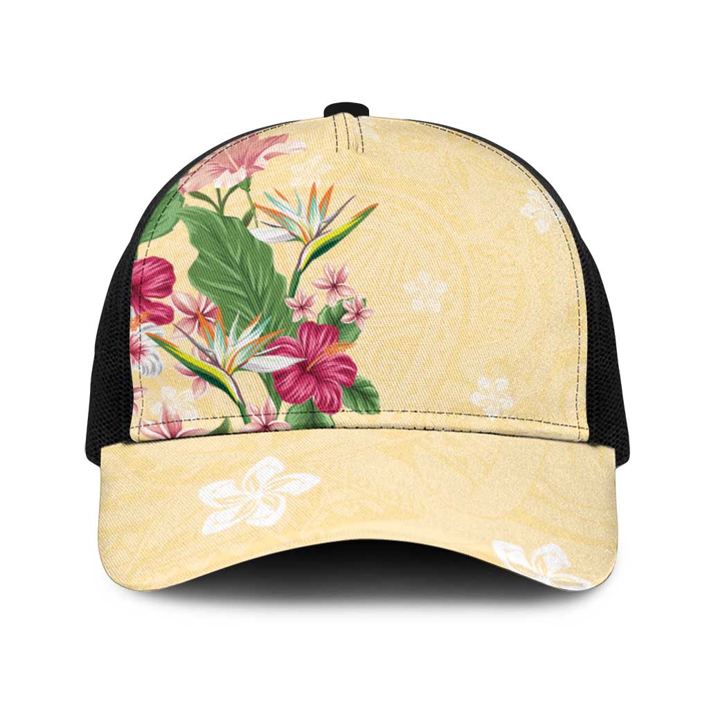 Hawaii Tropical Flowers Baseball Net Cap Polynesian Tattoo Buttermilk