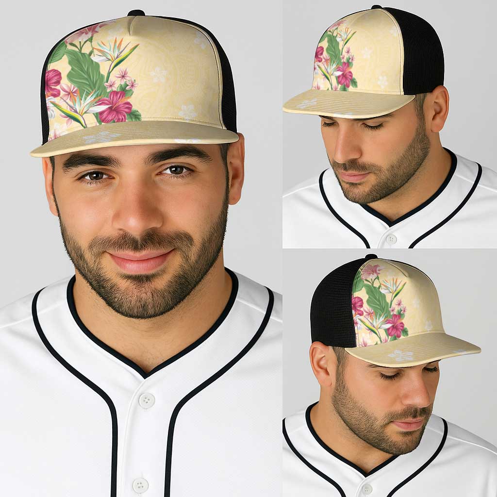 Hawaii Tropical Flowers Baseball Net Cap Polynesian Tattoo Buttermilk