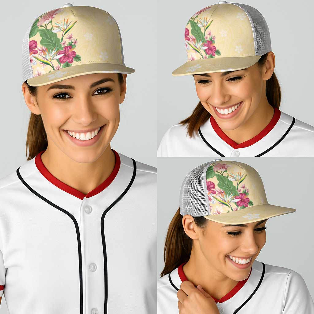 Hawaii Tropical Flowers Baseball Net Cap Polynesian Tattoo Buttermilk
