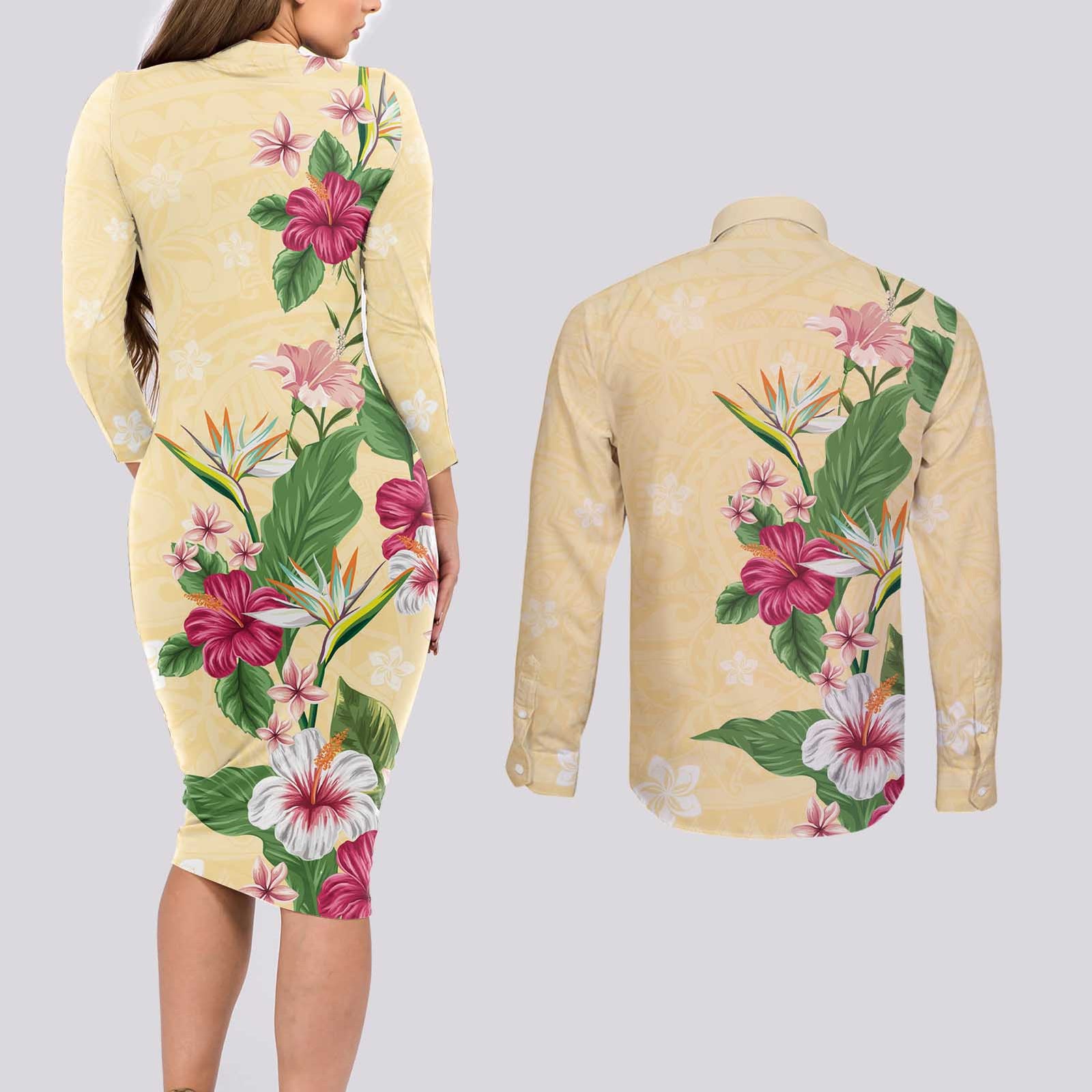 Hawaii Tropical Flowers Couples Matching Long Sleeve Bodycon Dress and Long Sleeve Button Shirt Polynesian Tattoo Buttermilk LT05 - Polynesian Pride