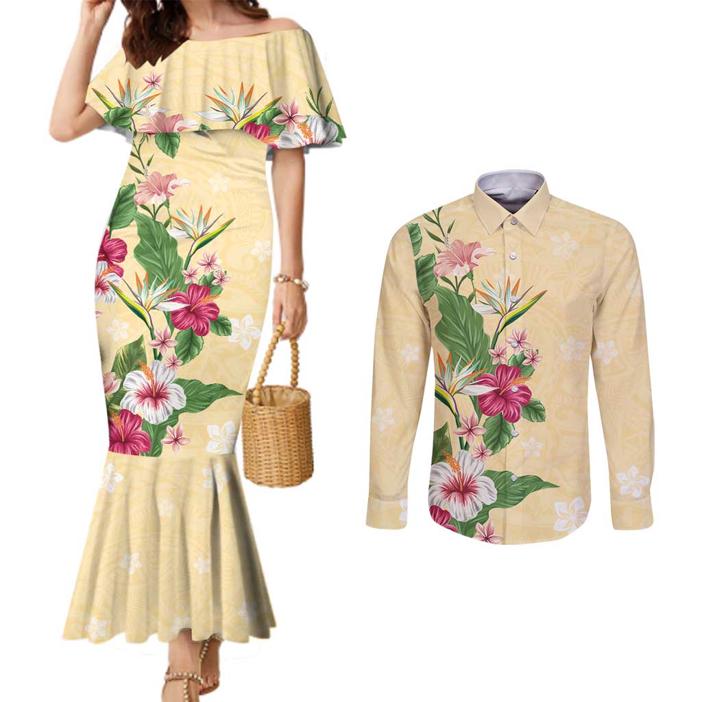 Hawaii Tropical Flowers Couples Matching Mermaid Dress and Long Sleeve Button Shirt Polynesian Tattoo Buttermilk LT05 Beige - Polynesian Pride