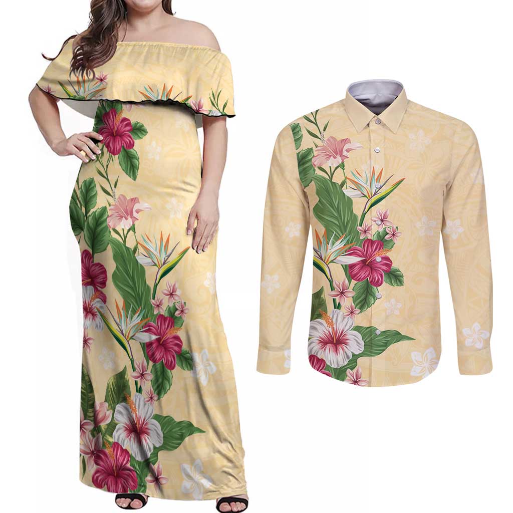 Hawaii Tropical Flowers Couples Matching Off Shoulder Maxi Dress and Long Sleeve Button Shirt Polynesian Tattoo Buttermilk LT05 Beige - Polynesian Pride