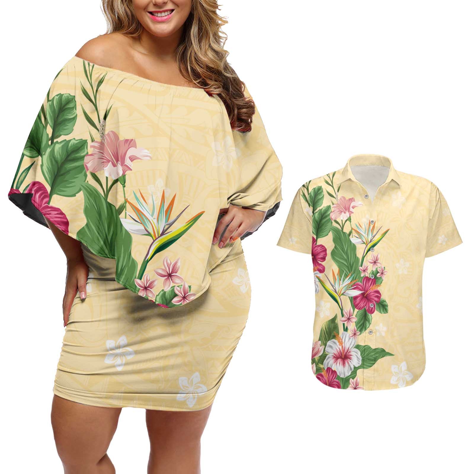 Hawaii Tropical Flowers Couples Matching Off Shoulder Short Dress and Hawaiian Shirt Polynesian Tattoo Buttermilk LT05 Beige - Polynesian Pride