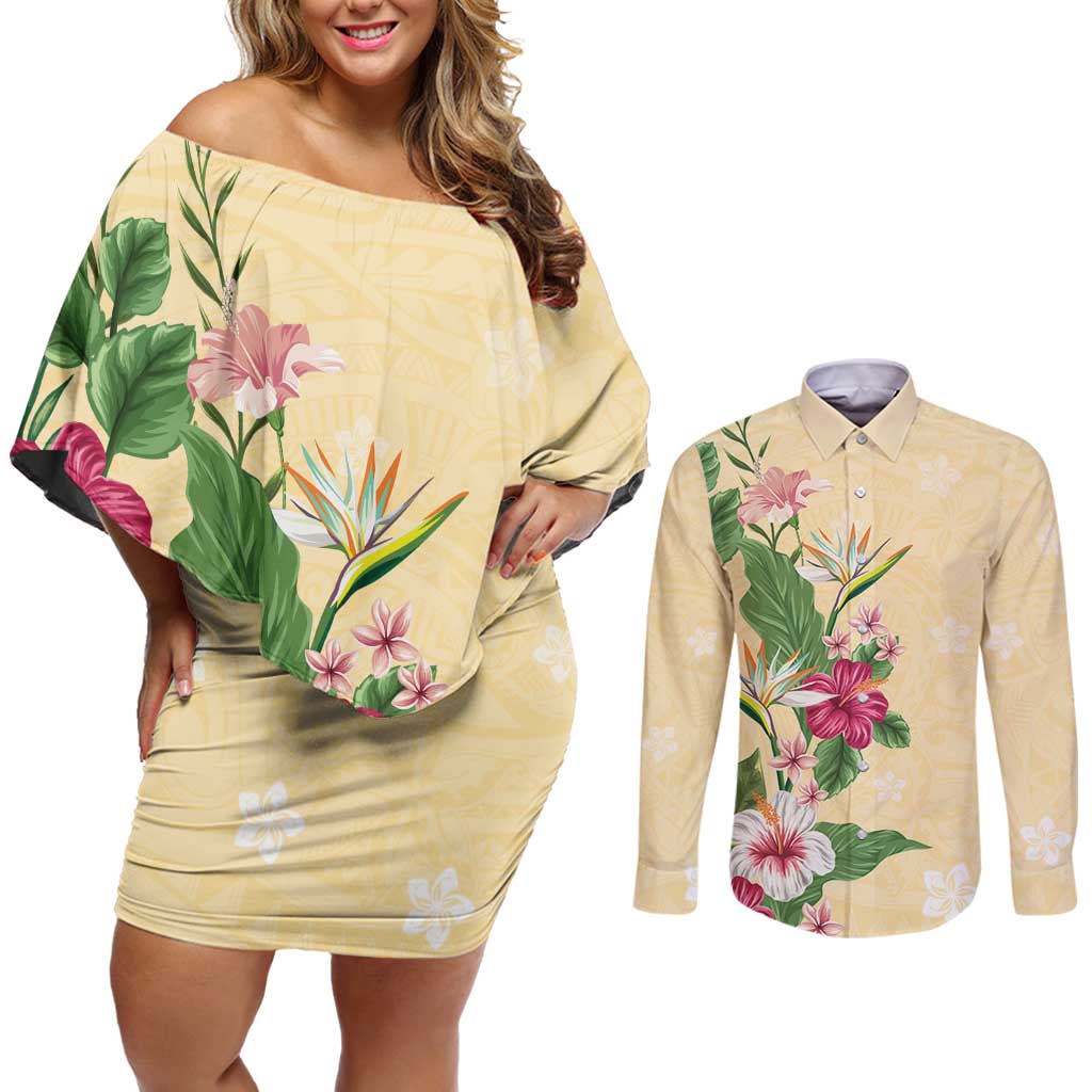 Hawaii Tropical Flowers Couples Matching Off Shoulder Short Dress and Long Sleeve Button Shirt Polynesian Tattoo Buttermilk LT05 Beige - Polynesian Pride