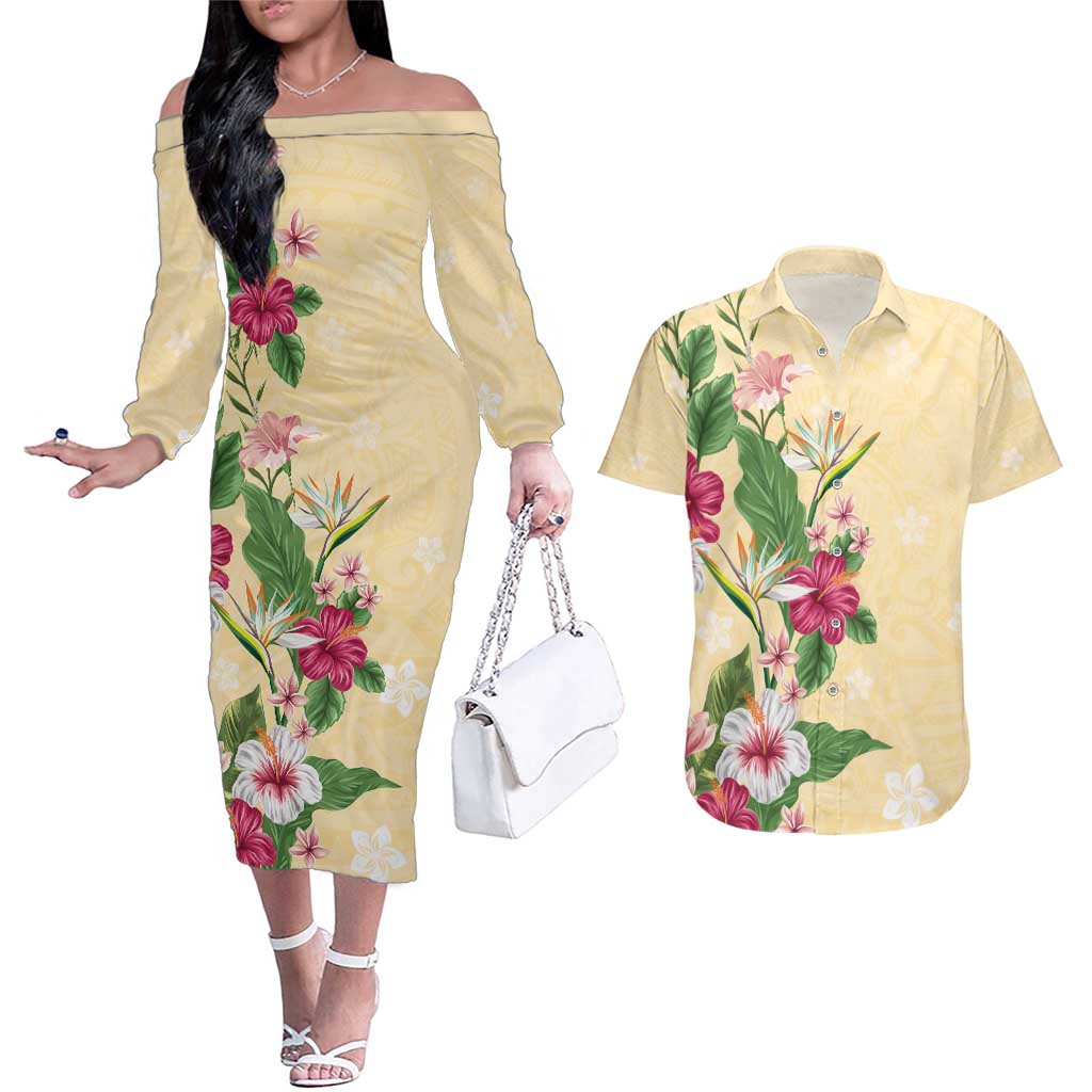 Hawaii Tropical Flowers Couples Matching Off The Shoulder Long Sleeve Dress and Hawaiian Shirt Polynesian Tattoo Buttermilk LT05 Beige - Polynesian Pride
