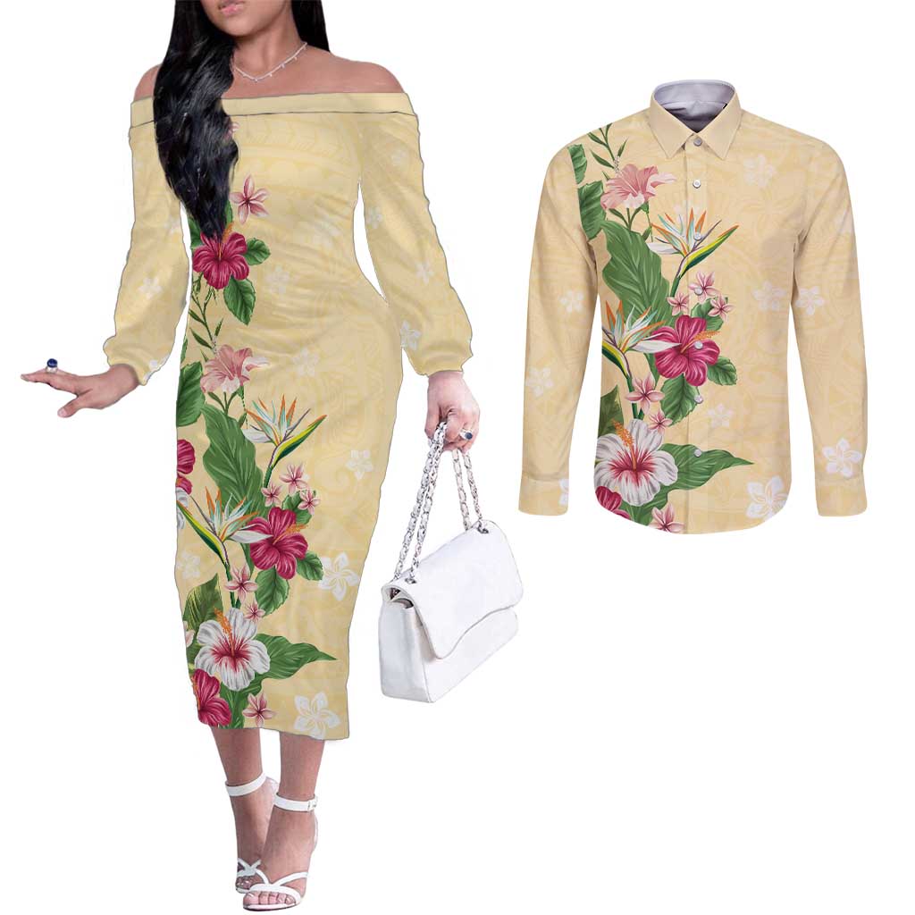 Hawaii Tropical Flowers Couples Matching Off The Shoulder Long Sleeve Dress and Long Sleeve Button Shirt Polynesian Tattoo Buttermilk LT05 Beige - Polynesian Pride