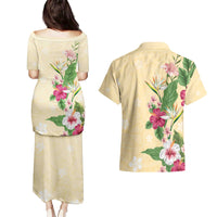 Hawaii Tropical Flowers Couples Matching Puletasi and Hawaiian Shirt Polynesian Tattoo Buttermilk