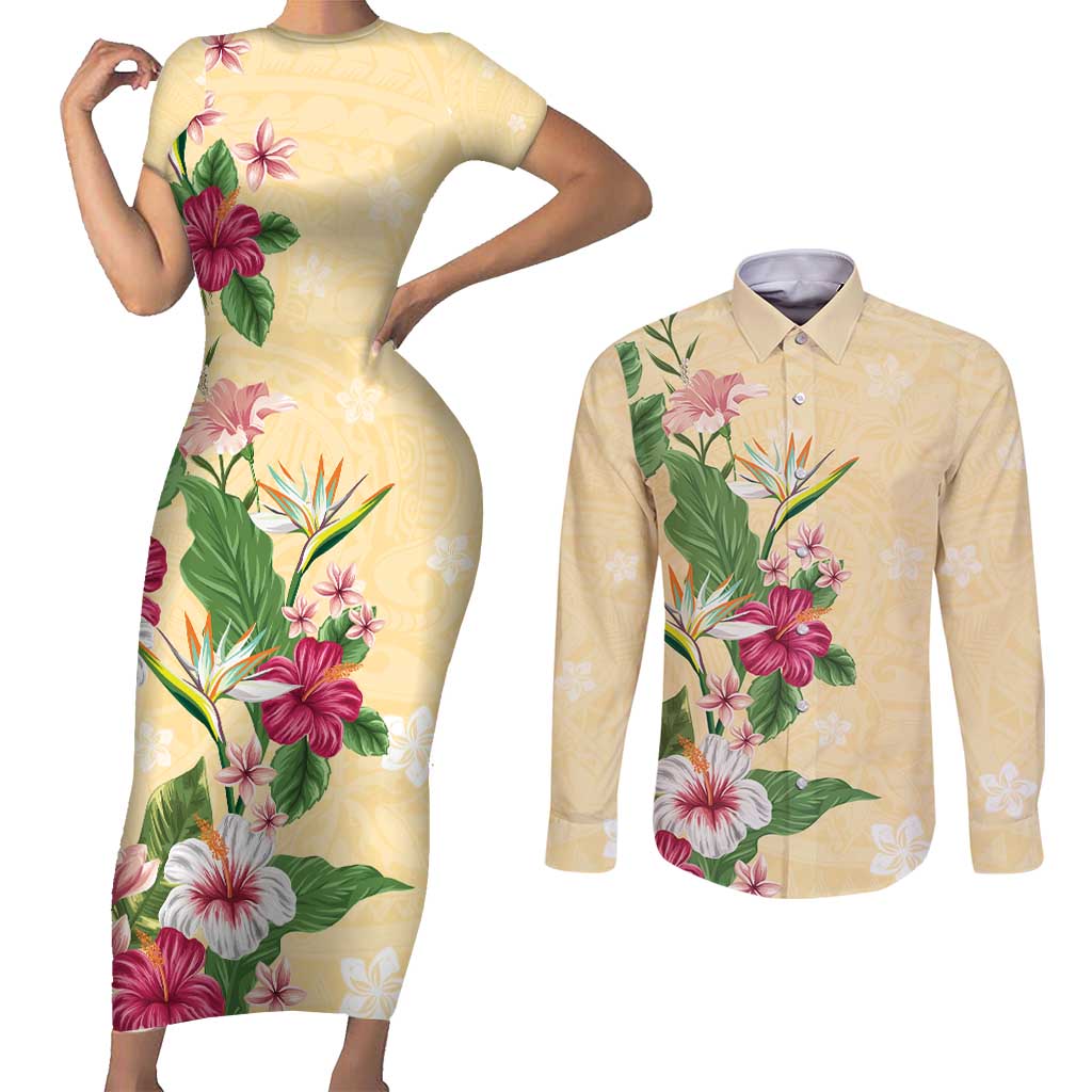 Hawaii Tropical Flowers Couples Matching Short Sleeve Bodycon Dress and Long Sleeve Button Shirt Polynesian Tattoo Buttermilk LT05 Beige - Polynesian Pride