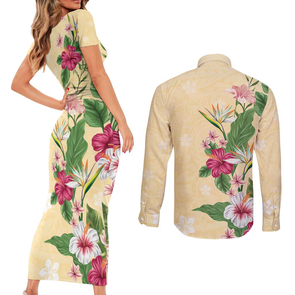 Hawaii Tropical Flowers Couples Matching Short Sleeve Bodycon Dress and Long Sleeve Button Shirt Polynesian Tattoo Buttermilk