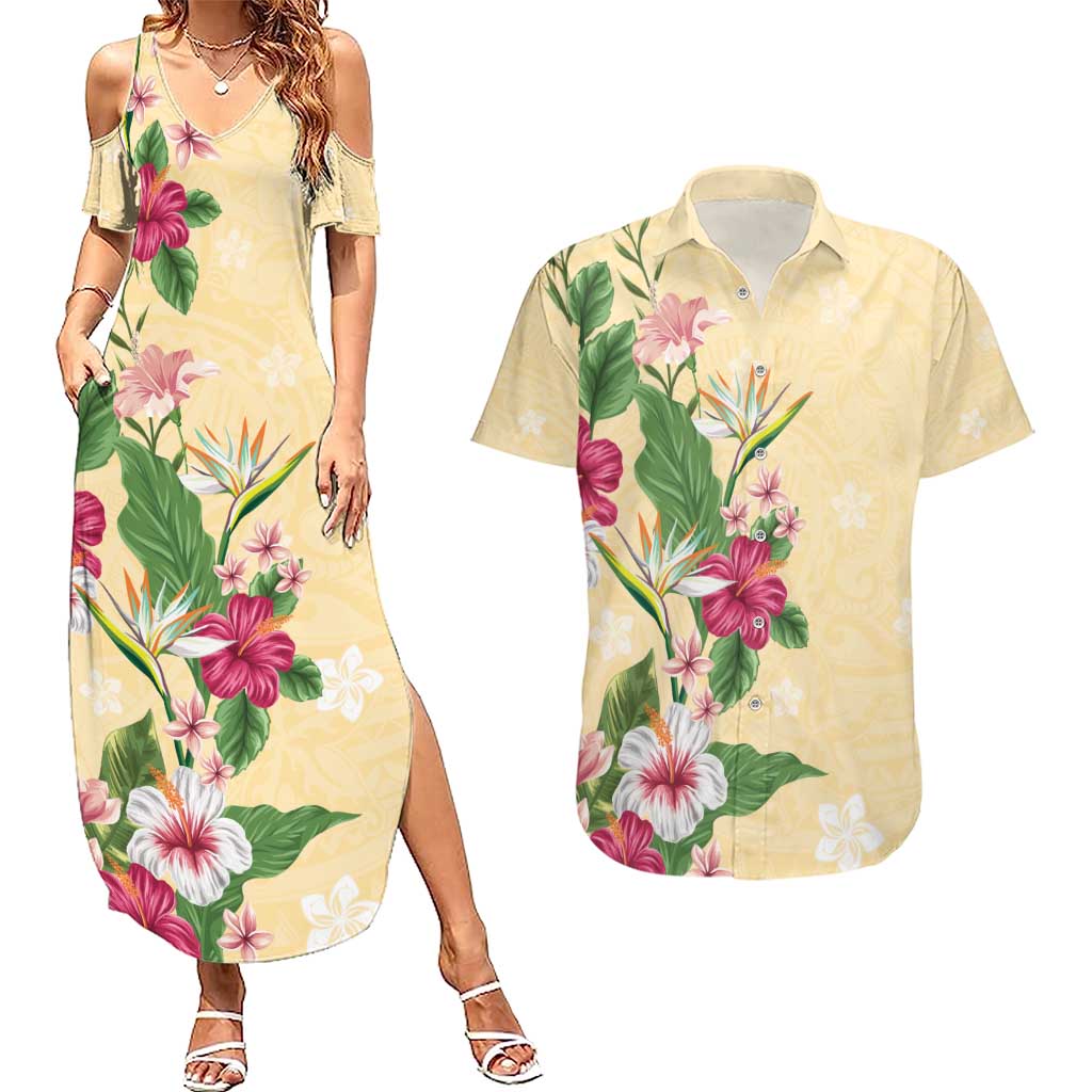 Hawaii Tropical Flowers Couples Matching Summer Maxi Dress and Hawaiian Shirt Polynesian Tattoo Buttermilk LT05 Beige - Polynesian Pride