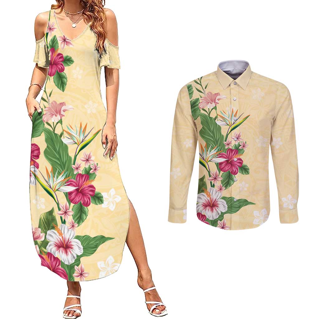 Hawaii Tropical Flowers Couples Matching Summer Maxi Dress and Long Sleeve Button Shirt Polynesian Tattoo Buttermilk LT05 Beige - Polynesian Pride