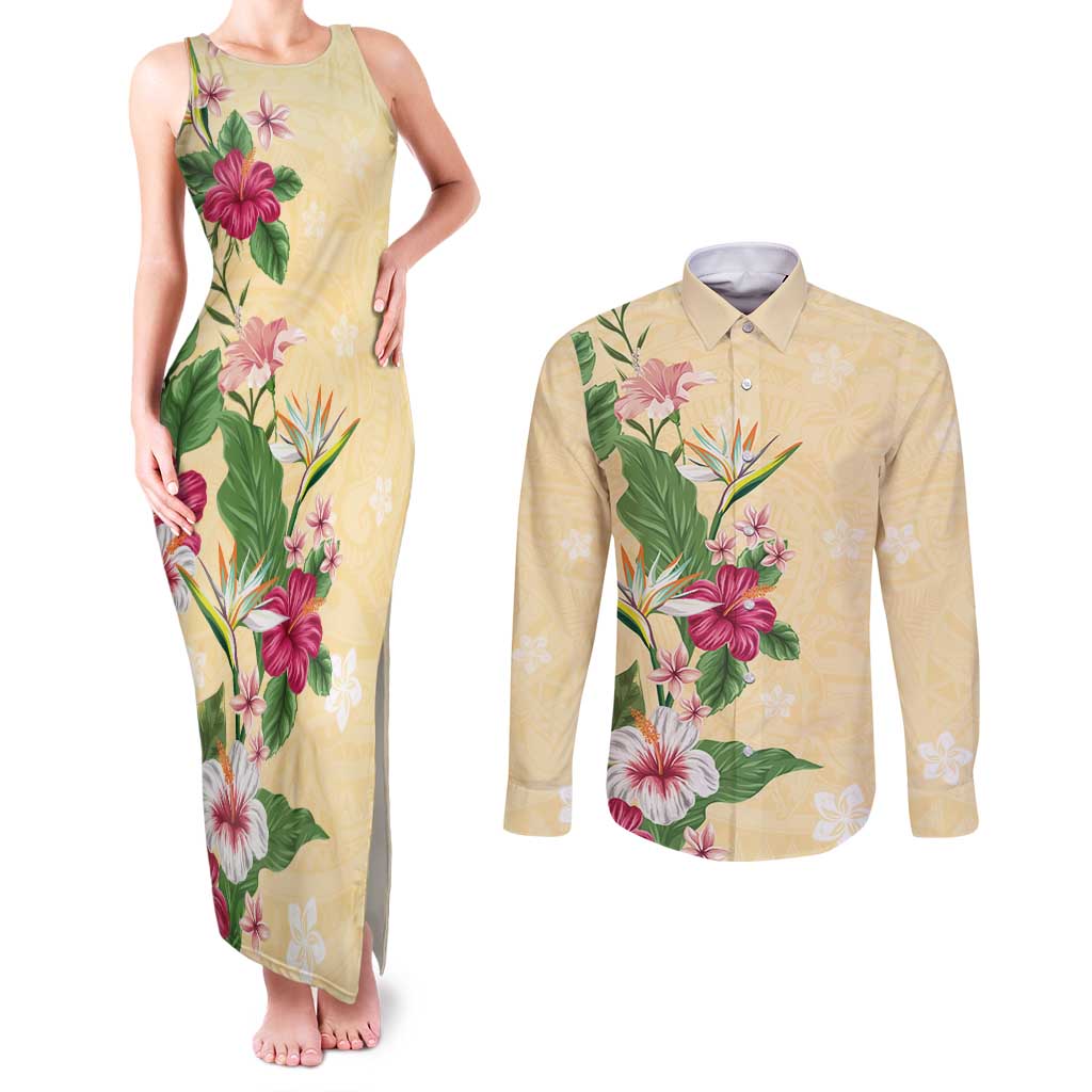 Hawaii Tropical Flowers Couples Matching Tank Maxi Dress and Long Sleeve Button Shirt Polynesian Tattoo Buttermilk LT05 Beige - Polynesian Pride