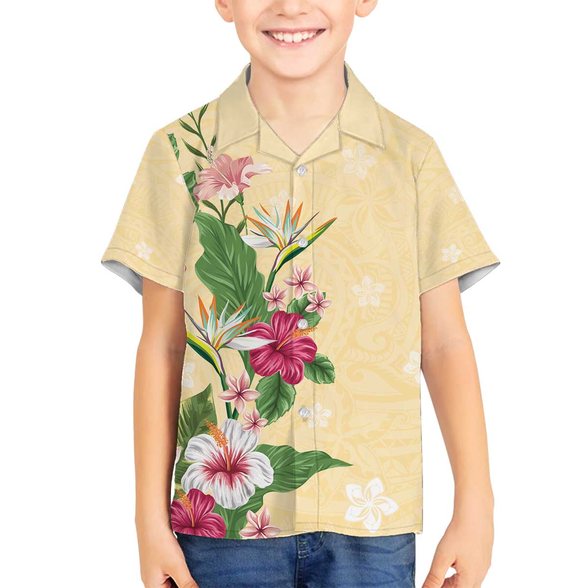 Hawaii Tropical Flowers Family Matching Off The Shoulder Long Sleeve Dress and Hawaiian Shirt Polynesian Tattoo Buttermilk