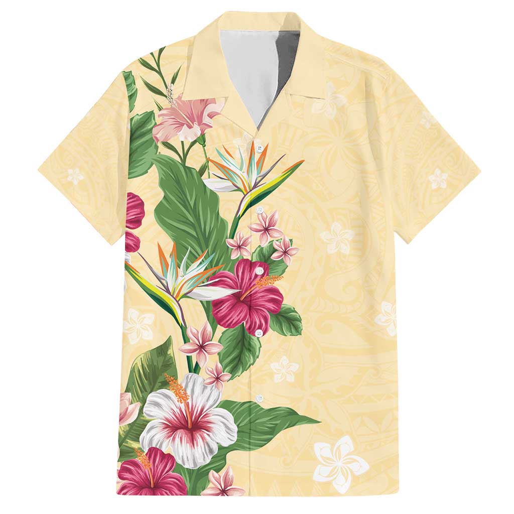 Hawaii Tropical Flowers Family Matching Short Sleeve Bodycon Dress and Hawaiian Shirt Polynesian Tattoo Buttermilk