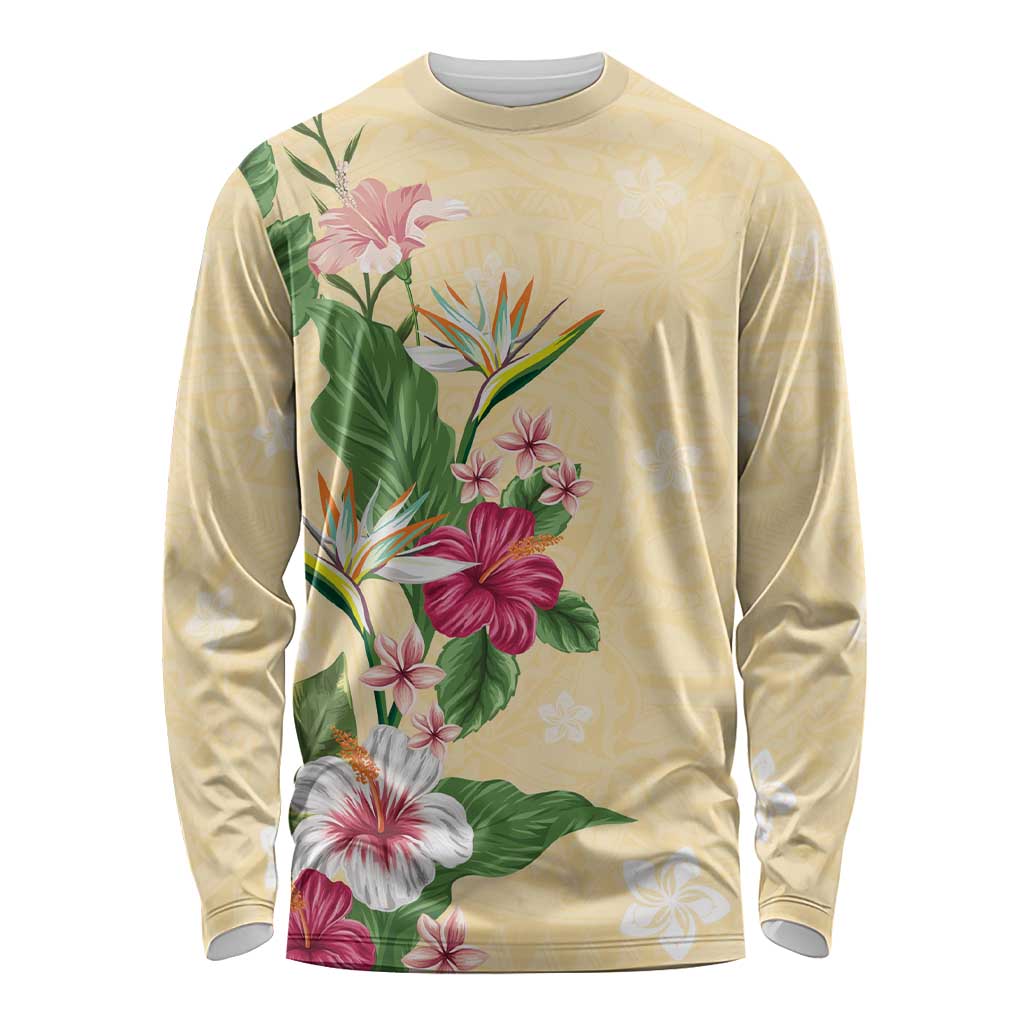 Hawaii Tropical Flowers Long Sleeve Shirt Polynesian Tattoo Buttermilk LT05 Unisex Beige - Polynesian Pride