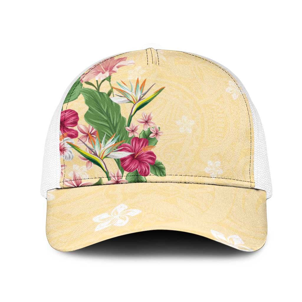 Hawaii Tropical Flowers Mesh Trucker Cap Polynesian Tattoo Buttermilk