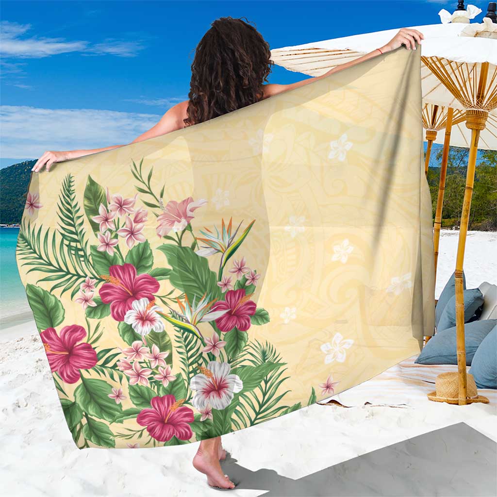 Hawaii Tropical Flowers Sarong Polynesian Tattoo Buttermilk LT05 One Size 44 x 66 inches Beige - Polynesian Pride