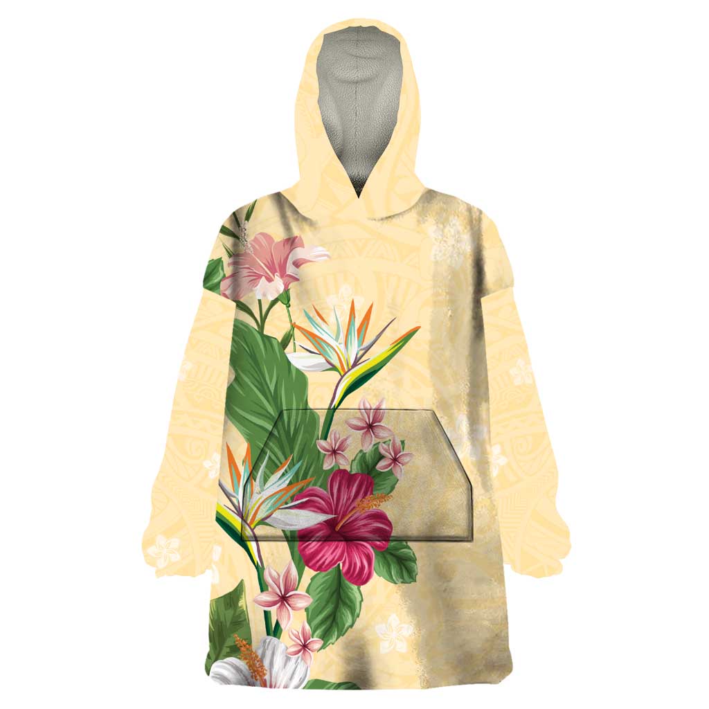 Hawaii Tropical Flowers Wearable Blanket Hoodie Polynesian Tattoo Buttermilk LT05 One Size Beige - Polynesian Pride