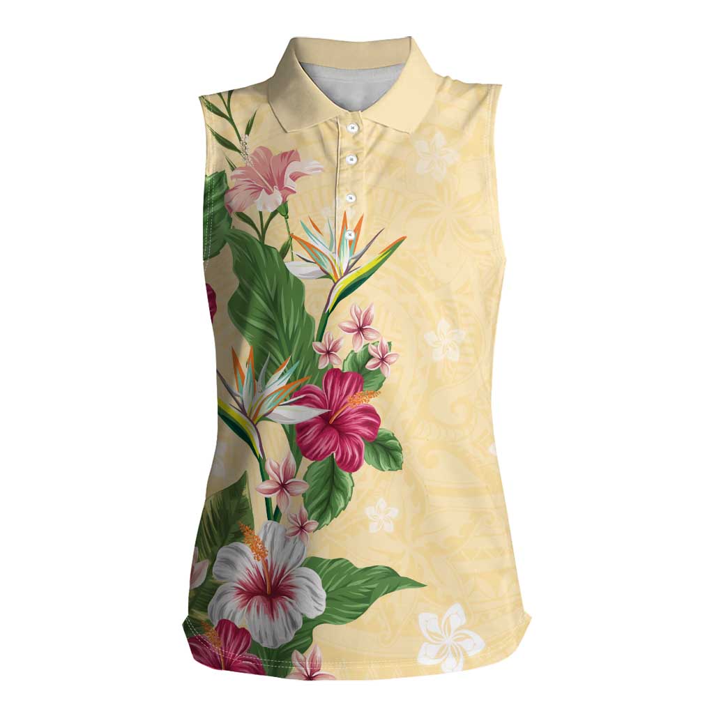 Hawaii Tropical Flowers Women Sleeveless Polo Shirt Polynesian Tattoo Buttermilk