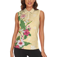 Hawaii Tropical Flowers Women Sleeveless Polo Shirt Polynesian Tattoo Buttermilk